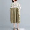 Übergroße Frauen Baumwolle Leinen Casual Kleid Neue Sommer Vintage Stil V-ausschnitt Blumendruck Lose Weibliche Hohe Taille Kleider S3700 210412