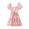 Foridol Bowknot Print Boho Summer Dress for Women Puff Sleeve Vintage Floral Dress Beach Short Mini Pink Dress Vestidos 210415