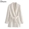 Mode Double boutonnage Blazer femmes avec ceinture col cranté poches bureau veste à manches longues blanc dames hauts Chaqueta Mujer 210515