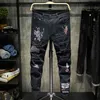 Nya män streetwear personlighet rippade tryckt vit mager hip hop punk casual motorcykel stretch denim jeans byxor 210330