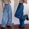 Koreaanse stijl vrouwen jeans denim boot cut brede been Jean laarzen mode losse lange lengte streetwear vrouwelijke broek casual solide 210629