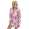 가을 인쇄 넥타이 염료 긴 소매 잠옷 Pajamas Jumpsuit 반바지 여성 패션 캐주얼 코튼 Drawstring 레이스 업 플러스 크기 210522
