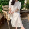 Women Elegant Crochet Lace Dress Floral Hollow Out White Loose Party es Short Sleeve O Neck Maxi 210601