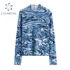 Paisley Print Blue T Shirt Women Long Sleeve Mock Neck Skinny Natural Tees Spring Streetwear E-Girl Bodycon Basic Tops Tide 210417