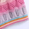 Kvinnor Färg Matchning Hollow Out Crochet Kort Stickning Sweater Lady Ärmlös Casual Slim Vest Crop Pullovers Tops 210521