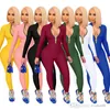 Women Jumpsuits New Fashion Rompers Solid Color Leggings Zipper Bodysuit Long-sleeved Trousers One-piece Onesies