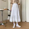 Purple Ruffle Long pleated skirt Summer Women harajuku High waist White Skirts korean Solid Color Fashion A-line 210421