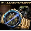 Winnaar Blauw Licht Glas Nieuwe Mode Heren Horloges Zwart Gouden Roestvrij Staal Waterdichte Sport Automatisch Horloge Lichtgevende Klok 210407