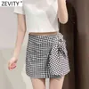 Women Vintage Plaid Print Bow Tied Casual Slim Bermuda Shorts Female Chic Side Zipper Summer Pantalone Cortos P1087 210416