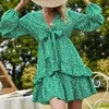 Mini abito sexy da donna con scollo a V profondo Estate New Green Stampa floreale Tunica a maniche lunghe Beach Party Abito estivo con lacci femminile 210415