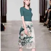 HMA Autumn Women Elegant Knit Sweater Top Green Slim Pullovers +High Waist Floral Skirts Suit Female Two Piece Set 210730