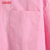 Women Pink Oversized Cotton Crop Shirts Long Sleeve Solid Turn Down Collar Ladies High Street Blouses CE229 210416