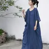 Robes décontractées Plus Taille Grande poche Coton Femmes Solide Bleu Robe 2021 Été Lâche Lin Maxi Robe Femme Batwing Longue