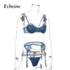 Echoine Women Sexy Bright diamond Lace Lingerie 3 pezzi Set intimo Reggiseno e slip a catena Reggiseno e slip lingerie femme set X0526