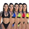 Frauen sexy Badebekleidung Bikini zweiteilige Badeanzüge einfarbige Badeanzüge Briefdruck ärmelloser Neckholder-BH + Unterteil Sommerkleidung 4757