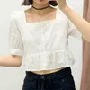 Traf Women Sweet Fashion Embroidery Ruffled Cropped Bluses Vintage Puff Sleeve Back Elastic Female Shirts Chic Tops 210415