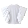 Mode femmes blanc chemisier chemises dames élégant volants chemise tunique O cou solide décontracté hauts Blouses Blusas Mujer De Moda 210414