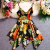 Korobov Koreańczycy Kobiety Boho V Neck Spaghetti Pasek Dress Vintage A-Line High Waist Backless Sukienki Summer Beach Style Vestidos 210430