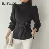 Fashion Korean Thick Women Sweater Belt Turtleneck Female Long Sleeve Tops Woman Black Pink Pullovers Knitwear Pull 210506