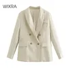 Wixra Mujeres Casual Negocios Doble Breasted Blazer Abrigo Bolsillos de manga larga Mujer OL Chic Tops 210930