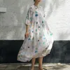 Johnature Lato Bawełniana Pościel Retro Floral Print Moda Sukienka Luźna Wygodne Stojak Trzy Czwarty Rękaw Kobiety Dress 210521