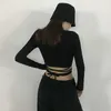 Spring And Autumn Short High-Waist Lace-Up T-Shirt Women's Tight Long-Sleeved White Crop Top Sexy Fashion Jazz Dance 210604