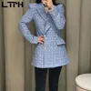 Fashion plaid Woollen fabric women blazer Double Breasted long sleeve Blazers Jackets Office Lady Suit Coat Spring 210427