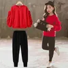 Été enfants ensembles décontracté à manches longues rouge solide T-shirt noir pantalon 2 pièces filles vêtements 3-12T 210629