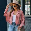 Women's Jackets Fringe Jacket Long Sleeve Faux Suede Personality Open Front Tassel Coat Moto Biker Tops Female Pink