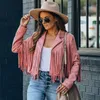 Damskie Kurtki Fringe Jacket Z Długim Rękawem Faux Suede Osobowość Open Front Tassel Coat Moto Biker Topy Kobieta Różowy