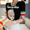 Moda de verão Malhas Tops Mulheres Listrado Letras Personagem T-shirt Estilo Coreano Casual Camiseta Femme Camisetas 210513