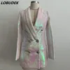 Bar Stage Shiny Casual Blazers Women Double Breasted Shawl Collar Glitter Sequins Pink White Long Slim Suit Coat Singer Host Performance Clothes Autumn Winter