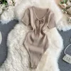 Sexy Lace-up Gebreide Bodycon Bodysuits Effen V-hals Korte Mouw Skinny Body Top Casual Streetwear Summer Dames Kleding 210603