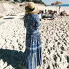 Bohemian Open Button Deep V neck Blue white Floral Print Dress Ethnic Woman Short Sleeve Maxi Long BOHO Dresses Beach Holiday 210429