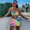 Sexig Sling Tie Dye Print Wrap Bröst Drawstring Crop Tops Mini Skirt Två Piece Set Summer Women Fashion Party Holiday Tracksuits 210507