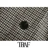 TRAF Women Mode met Pockets Houndstooth Blazer Jas Vintage Lange Mouw Rug Ventilaties Vrouwelijke Bovenkleding Veste Femme 210415