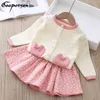 Fall Baby Girls Clothing Sset Knit Sweater Cardigan&flower Skirt Cute Toddler Girl Clothes Christmas Little Children Outfits 210715