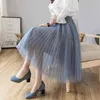 Kobiety Elegancka Koronkowa Siatka Plisowane Spódnice Elastyczne Wysokie Talia Chic Solid Color Casual Midi Jupe Femme 210508