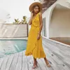 Polka-dot ruche spleet vrouwen midi jurk casual lange zomer tank sundress boog lace-up mode zwart geel kleding vakantie 210415