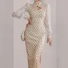 Wiosna Korea Chic Rękaw Puff Dot Patchwork Suknie Stojak Collar Slim Side Split Vestido Da Festa 210520