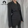 INGOO Lace Up Waist Long Sleeve Lapel Blazers Suit Women Solid Elegant Office Ladies Casual Jacket Coat Fashion Street Outwear 210930