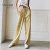 Unireal 여름 여성 넓은 다리 바지 높은 허리 새틴 바지 패션 실크 캐주얼 느슨한 검은 여성 streetwear 210925