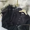 Neploe Plus Size Woman Dress Stickad Patchwork Gauzze Black Vestidos V-Neck Långärmad Robe Hög midja Slim Maxi Klänningar Kvinnor 210422