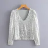 Snygg Silver Sequined Short Blouses Women Fashion V-Neck Toppar Eleganta Dam Knappar Långärmade T-shirts Chic Blusas 210520