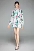 Rose fleur imprimé floral col montant vintage en mousseline de soie mini robes pour femmes à lacets arc ceintures robe robe vestido de 210421