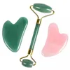 2 PC Zestaw Jade Walcowe Gua Sha Skrobak Naturalny Kryształ Rose Kwarc Rolki Masaż Neck Eye Body Beauty Health Care Tool