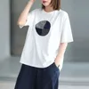 Johnature Cotton Patchwork Embroidery Casual Women T-Shirts O-neck Short Sleeve Summer Loose All-match Casual Tops 210521