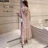 가을 프랑스어 인쇄 드레스 Womenkorean 버전 나비 넥타이 칼라 레트로 쉬폰 긴 소매 후드가있는 fishtail 210514