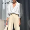 Хлопчатобумажная воротник сплошной женской блузки Chic Office Spring Peact Waply Tops High Street повседневная рубашка 210414