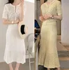 Matching Sets White O Neck Short Sleeve Lace Hollow Out Cardigan Top Thin Summer High Waist Wrap Hip Mermaid Skirt Korean Chic 210429